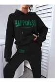 Kadın Happiness Baskılı Oversize Kapüşonlu Takım - 1