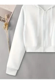 Kadın Fermuarlı Oversize Kapşonlu Crop Hırka - 6