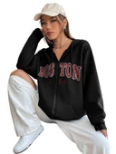 Unisex Bej Boston Baskı Kapüşonlu Hırka - 3