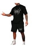 Erkek Siyah Örümcek Baskılı Şort T-shirt Takım - 2