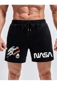Erkek Siyah Nasa Astronot Baskılı Şort - 2