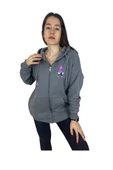 Unisex Gri Karikatür Baskılı Mevsimlik Oversize Kapüşonlu Hırka - 3