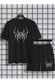 Erkek Siyah Örümcek Baskılı Şort T-shirt Takım - 1