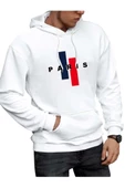 Erkek Beyaz Dik Paris Baskılı Kapüşonlu Sweatshirt - 1