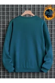 Erkek Petrol Mavi Paris Baskılı Oversize Bisiklet Yaka Sweatshirt - 3