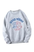 Kadın Gri Good Vibes Bisiklet Yaka Sweatshirt - 1