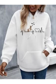 Beyaz Kedi Baskılı Oversize Kapşonlu Sweatshirt - 2
