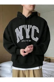 Erkek Siyah Nyc Baskılı Oversize Kapşonlu Sweatshirt - 5