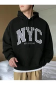 Erkek Siyah Nyc Baskılı Oversize Kapşonlu Sweatshirt - 6