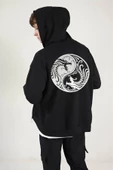 Unisex Siyah Sırt Baskılı Ince Mevsimlik Kapşonlu Oversize Hırka - 4