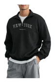 Erkek Siyah New York Baskılı Yarım Fermuarlı Oversize Polo Yaka Sweatshirt - 1