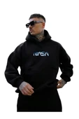 Erkek Nasa Baskılı Kapüşonlu Sweatshirt - 1