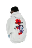 Erkek Beyaz Sırt Gül Baskılı Kapüşonlu Sweatshirt - 1