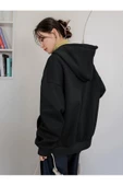 Siyah Cheerful Baskılı Oversize Kapüşonlu Sweatshirt - 3