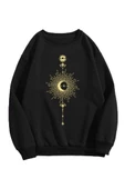 Kadın Siyah Parıltılı Ay Bisiklet Yaka Sweatshirt - 1