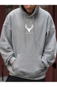 Erkek Geyik Baskı Kapüşonlu Sweatshirt - 8