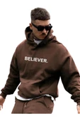 Erkek Believer Baskılı Oversize Kapşonlu Sweatshirt - 1