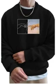 Erkek Siyah El Baskılı Bisiklet Yaka Sweatshirt - 1