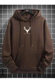 Erkek Geyik Baskı Kapüşonlu Sweatshirt - 4