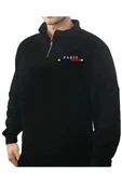 Erkek Paris Baskılı Yarım Fermuarlı Oversize Sweatshirt - 2