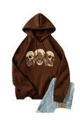 Unisex Kahverengi Kafatası Baskılı Oversize Kapşonlu Sweatshirt - 1
