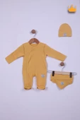 Babyhola 45cm Prematüre Serisi %100 Pamuk Dıştan Dikişli Boydan Çıtçıtlı Patikli Tulum Bere Önlük Takım 22416 - 3