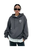 Unisex Füme Kalp Baskılı Oversize Kapşonlu Sweatshirt - 1