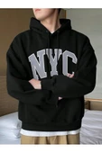 Erkek Siyah Nyc Baskılı Oversize Kapşonlu Sweatshirt - 4