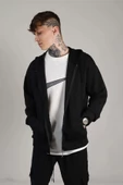 Unisex Siyah Sırt Baskılı Ince Mevsimlik Kapşonlu Oversize Hırka - 5