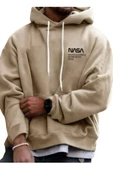 Erkek Bej Nasa Yazı Detay Baskılı Oversize Sweatshirt - 1