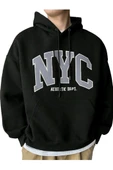 Erkek Siyah Nyc Baskılı Oversize Kapşonlu Sweatshirt - 2