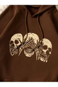Unisex Kahverengi Kafatası Baskılı Oversize Kapşonlu Sweatshirt - 3
