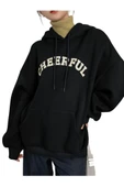Siyah Cheerful Baskılı Oversize Kapüşonlu Sweatshirt - 1