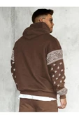 Erkek Kahverengi Kol Desenli Oversize Kapşonlu Sweatshirt thumbnail 5