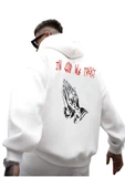 Erkek Beyaz Sırt God We Trust Baskılı Kapüşonlu Sweatshirt - 1