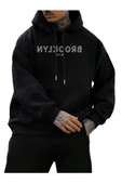 Erkek Siyah Ters Brooklyn Baskılı Kapüşonlu Sweatshirt - 1