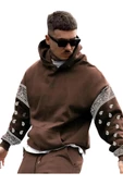 Erkek Kahverengi Kol Desenli Oversize Kapşonlu Sweatshirt thumbnail 1
