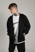 Unisex Siyah Sırt Baskılı Ince Mevsimlik Kapşonlu Oversize Hırka - 2