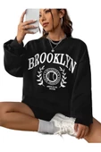 Unisex Siyah Brooklyn Baskılı Bisiklet Yaka Oversize Sweatshirt - 1