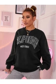 Unisex Siyah California West Baskılı Bisiklet Yaka Oversize Sweatshirt - 3