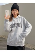 Unisex Gri Comfort Baskılı Oversize Kapşonlu Sweatshirt - 4
