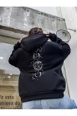 Unisex Siyah Galaksi Baskılı Oversize Kapşonlu Sweatshirt - 2