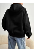 Unisex Siyah Malibu Baskılı Kapşonlu Oversize Sweatshirt - 2