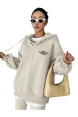 Unisex Happy Baskılı Oversize Kapüşonlu Sweatshirt - 1