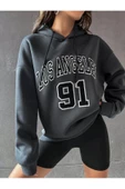 Unisex Los Angeles 91 Baskılı Oversize Kapşonlu Sweatshirt - 11