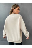Unisex Bej London Baskılı Bisiklet Yaka Oversize Sweatshirt - 3