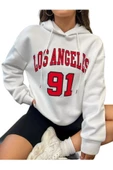 Unisex Los Angeles 91 Baskılı Oversize Kapşonlu Sweatshirt - 2