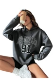 Unisex Los Angeles 91 Baskılı Oversize Kapşonlu Sweatshirt - 4