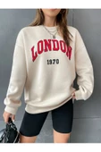 Unisex Bej London Baskılı Bisiklet Yaka Oversize Sweatshirt - 2