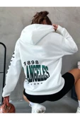 Unisex Beyaz Los Angeles Kol Baskılı Kapşonlu Oversize Sweatshirt - 2